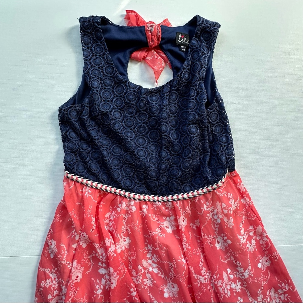 Lilt navy coral hi low sleeveless flowy dress crochet detail‎ girls 14/16 boho